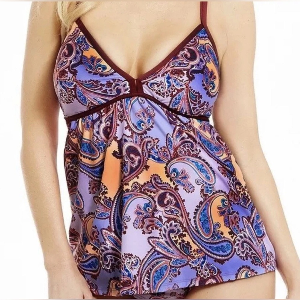 NWT Antonio Melani Paisley Print Tankini Top Purple V Neck Swim Adjustable Strap